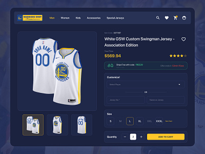 Product Details for Basketball Team add to cart basketball branding customize design ecommerce flat golden state warriors jersey menu minimal product detail shopping sports ui ux web website yellow
