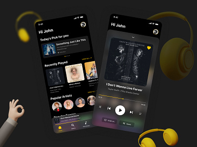 Music App 3d app blender dark design flat glass effect headphone home screen icon music player songs tab bar theme typography ui ux vector yellow