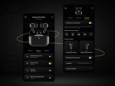 AirPods Control airpods android app apple branding dark design earphone ecommerce elegant gradient headphones ios minimal mobileappdesign music productdesign ui ux wireless