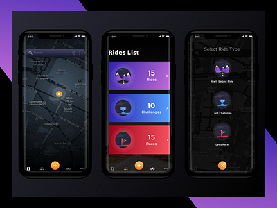 Rider App dark ui gradient iphonex map race ride tab