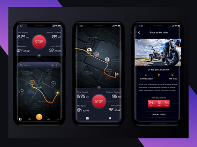 Rider App dark ui gradient iphonex map race ride tab