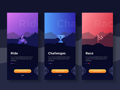 Rider App Onboarding app challenges dark app design icon on boarding race ride ride app rider ui walk through