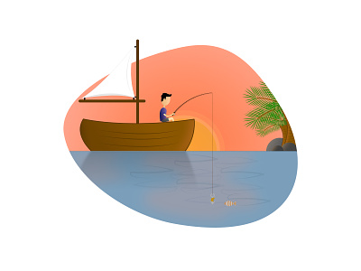 Fishing Boy boy design fish fisher fishing fishing rod gradient illustration sunset vector
