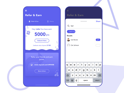 Refer & Earn app concept blue check box earn mockup point refer select share ui