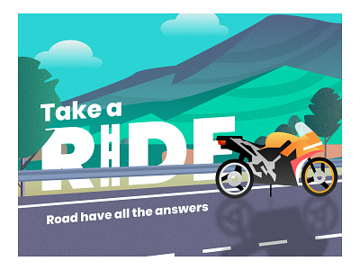 Take A Ride bike design illustration landscape mountain ride road roadtrip typography yudiz