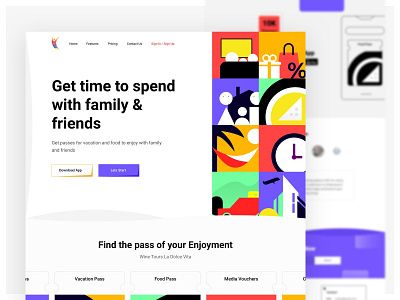 The Passes artwork banner buttons colourful design download flat landing page offers pass slider testimonial ui users ux vector voucher web