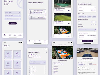 Sports court booking mobile app app booking booking app branding court design illustration lavender malaysia mobile purple sports ui