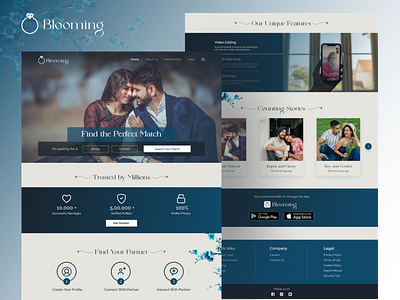 Blooming: Matrimonial Platform Concept dailyuichallenge landing landingpage landingscreen matrimonial minimalist modern redesign ui uichallenge uidesign uiux webdesign website websitedesign wedding