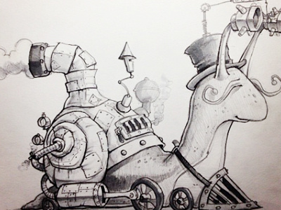 Snail animal character pencil russ cox sketch snail steampunk world art drop day