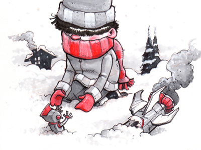 Inktober Day 8 boy colored pencil ink inktober pen robot snow spaceship