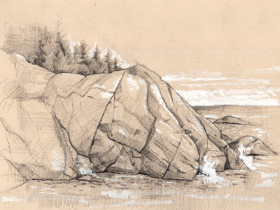 Monhegan Island, Maine maine pencil rocks sketch study toned paper trees