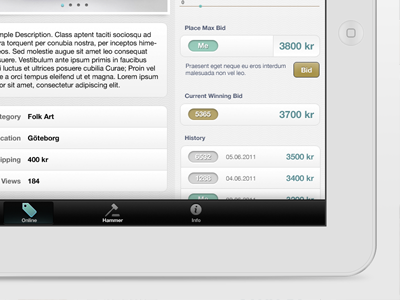 Bukowskis iPad App, Full Screen app application bukowskis buttons gui hyper island hyperisland ipad tabbar