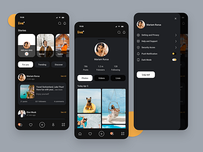 Social Media App adobe xd app dark mode mobile app mobile design profile search setting social media social media app stories ui uiux