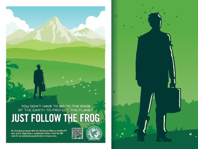 Follow the Frog illustration jungle mountains poster rainforest alliance silhouette