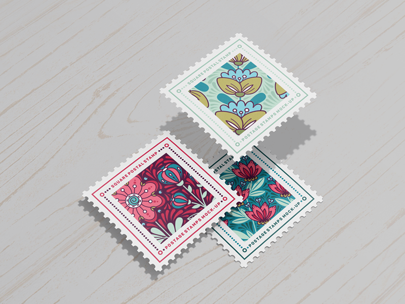 Postage Stamps Mock-Ups Vol.2 showcase dimension photorealistic correspondence stationery post office cardboard box envelope postcard postal stamp postage stamps square stamp