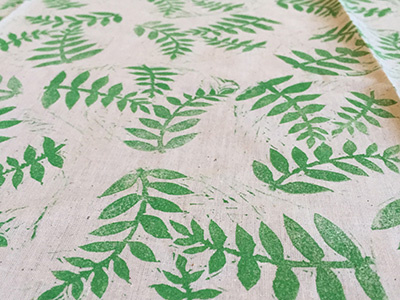 Block Printed Leaves fabric green hand made illustration leaves nature pattern printing repeat pattern
