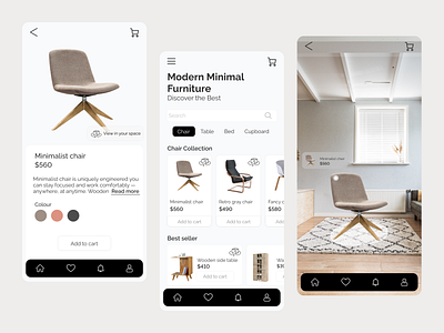 Furniture App with Augmented Reality andriod app design app ui app ui design ar augmented reality clean design ios landing page mobile app modile ui ui ui inspirations uiux ux