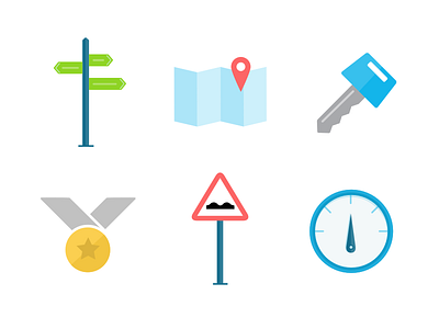 Driving illustrations illustration key map medal sign signpost speedometer
