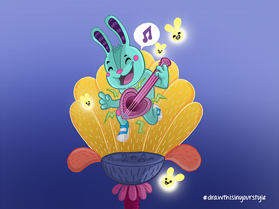 Rabbit with a Ukelele drawinyourownstyle fireflies firefly flowers illustration rabbit ukelele