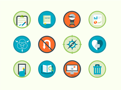Final content audit icons bin book clipboard compass content audit flat icons illustration infographic ninja pencil