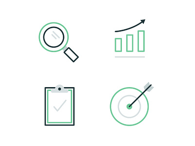 Truth About Data Icons for QuBit bullseye charcoal chart clipboard graph green grey icons illustration magnifying glass outline statistics