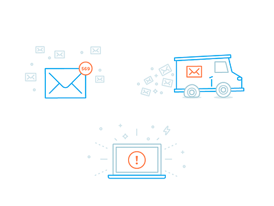 Postbox website illustrations blue email flat tyre illustration inbox mail mail truck orange outline stroke truck tyre