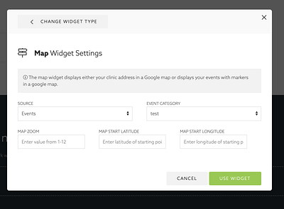 Map Widget Settings feelbettr modal settings settings page widget