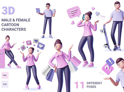 3d Male&Female Character Set 3d 3d animation 3d art 3d character 3d illustration agency app background concept conceptual famle design female flat illustration male male character page transparent vector web