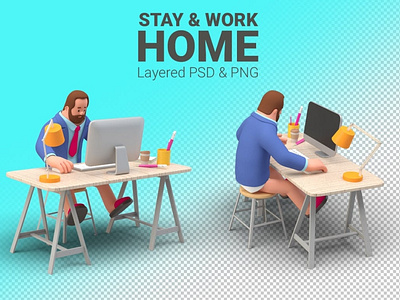 Work Stay at Home illustration Man with Computer