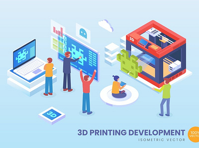 Isometric 3D Printing Development Vector Concept 3d animation 3d art 3d character 3d illustration agency app concept conceptual flat illustration isometric isometric design landing landing page page process strategy technology vector web