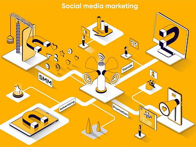 Social Media Marketing 3D Isometric Web Banner