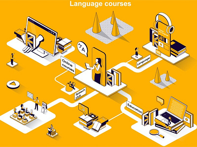 Language Courses 3D Isometric Web Banner