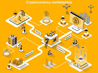 Cryptocurrency Marketplace 3D Isometric Web Banner 3d animation 3d art 3d character 3d illustration agency app business concept conceptual development flat illustration landing landing page page process technology vector web website