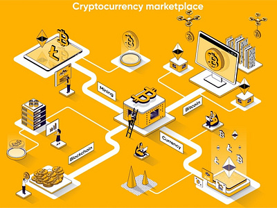 Cryptocurrency Marketplace 3D Isometric Web Banner