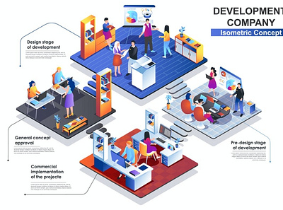 Development Company Interior 3D Isometric Concept 3d animation 3d art 3d character 3d illustration agency app concept conceptual flat illustration isometric isometric design landing landing page page process strategy technology vector web