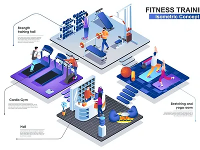 Fitness Gym Interior 3D Isometric Concept 3d animation 3d art 3d character 3d illustration agency app concept conceptual flat illustration isometric isometric design landing landing page page process strategy technology vector web