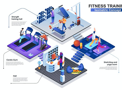 Fitness Gym Interior 3D Isometric Concept 3d animation 3d art 3d character 3d illustration agency app concept conceptual flat illustration isometric isometric design landing landing page page process strategy technology vector web