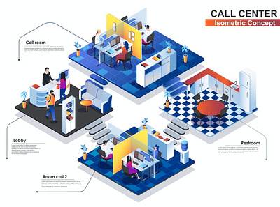 Call Center Interior 3D Isometric Concept 3d animation 3d art 3d character 3d illustration agency app concept conceptual flat illustration isometric isometric design landing landing page page process strategy technology vector web