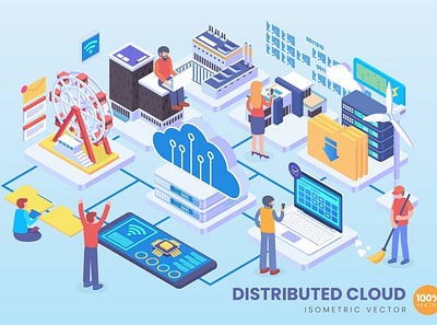 Isometric Distributed Cloud Technology Vector 3d 3d animation 3d art 3d character 3d illustration animation app banner branding concept design graphic design illustration isometric landing page logo motion graphics page ui vector