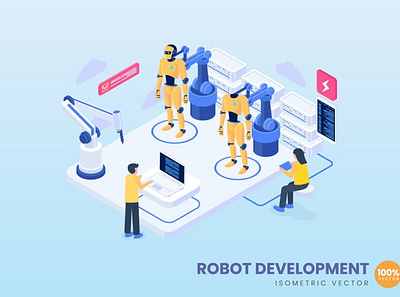 Robot Development Concept Illustration 3d 3d animation 3d art 3d character 3d illustration animation app banners branding concept design development graphic design illustration isometric landing page logo motion graphics page ui