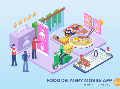 Isometric Food Delivery Mobile App Concept 3d 3d animation 3d art 3d character 3d illustration animation app branding concept design development graphic design illustration isometric landing page logo motion graphics page ui