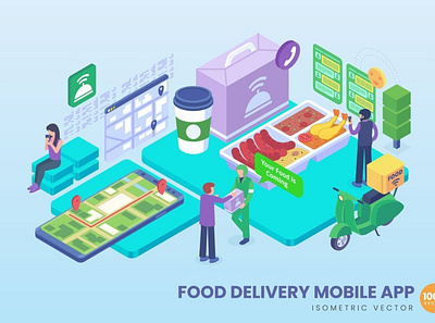 Isometric Food Delivery Mobile App Concept 3d 3d animation 3d art 3d character 3d illustration animation app banners branding concept design development graphic design illustration isometric landing page logo motion graphics page ui