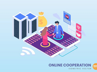 Isometric Online Cooperation Concept 3d 3d animation 3d art 3d character 3d illustration app banner banners concept conceptual illustration isometric isometric design landing landing page process strategy technology web banner website