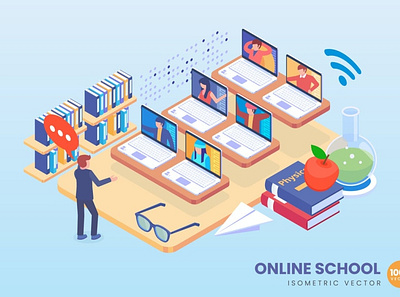 Isometric Online School Concept 3d 3d animation 3d art 3d character 3d illustration banner banners concept flat isometric isometric design landing landing page process strategy technology web web banner website website banner