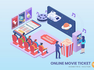 Isometric Online Movie Ticket Concept 3d 3d animation 3d art 3d character 3d illustration app banner banners conceptual illustration isometric isometric design landing page page process strategy technology web web banner website