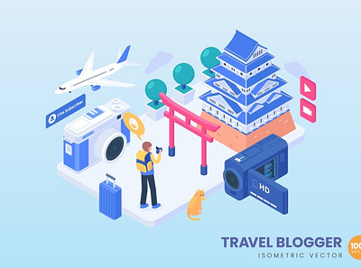 Isometric Travel Blogger Concept Illustration 3d 3d animation 3d art 3d character 3d illustration agency app business concept conceptual flat illustration landing landing page page process technology vector web website