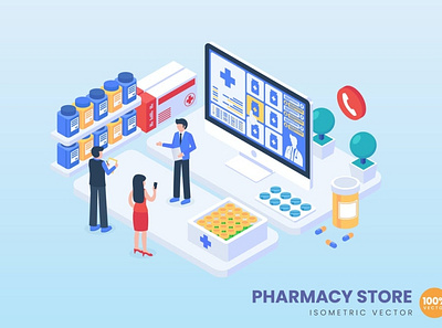 Isometric Pharmacy Store Concept Illustration 3d 3d animation 3d art 3d character 3d illustration agency app business concept conceptual flat illustration landing landing page page process technology vector web website