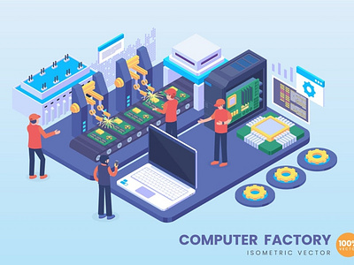 Isometric Computer Factory Concept Illustration