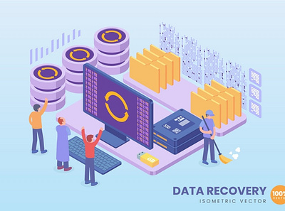 Isometric Data Recovery Concept 3d 3d animation 3d character 3d illustration agency app business concept conceptual development flat illustration landing landing page page process technology vector web website