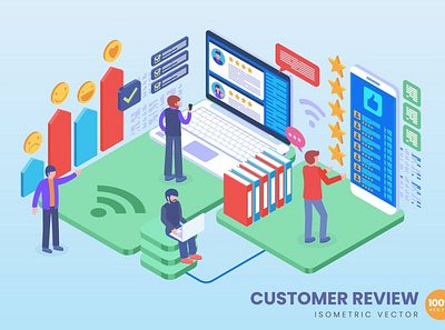 Isometric Customer Review Concept 3d animation 3d art 3d character 3d illustration app banner concept design illustration isometric isometric design landing landing page logo page technology ui web design web development website